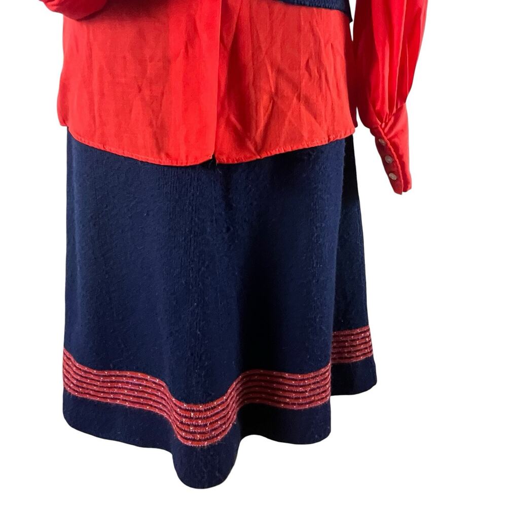 Vintage 70s Rosanna 3pc Knit Skirt Vest Set Red Dagger Collar Bishop Sleeve Sz S - Picture 6 of 16